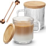 2 PACK Glass Coffee Mugs with Handle & Spoon, 12 OZ Glass Coffee Cups with Bamboo Lid, Ribbed Glass Cups, Clear Tea Cup for Hot/Cold Beverages, Glassware Set for Americano, Latte, Cappuccino