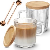 2 PACK Glass Coffee Mugs with Handle & Spoon, 12 OZ Glass Coffee Cups with Bamboo Lid, Ribbed Glass Cups, Clear Tea Cup for Hot/Cold Beverages, Glassware Set for Americano, Latte, Cappuccino
