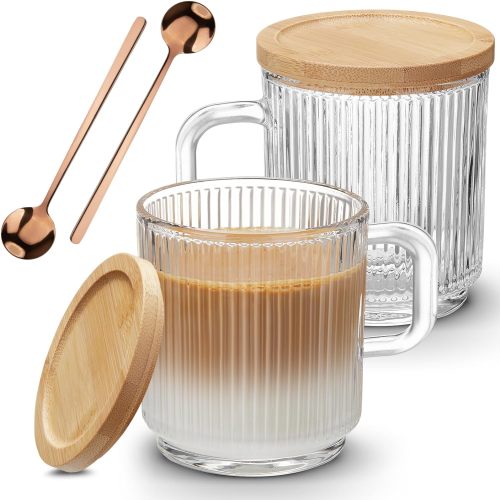 2 PACK Glass Coffee Mugs with Handle & Spoon, 12 OZ Glass Coffee Cups with Bamboo Lid, Ribbed Glass Cups, Clear Tea Cup for Hot/Cold Beverages, Glassware Set for Americano, Latte, Cappuccino