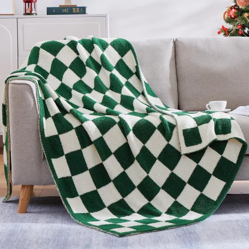 Checkered Throw Blanket, Avocado Green Microfiber Soft Cozy Fluffy Warm Hand Made Throw Blankets for Couch, Sofa, Chair, Bed, Camping, Picnic, Travel Lightweight Bed Blanket - 60 *80