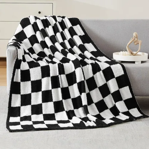 Checkered Throw Blanket, Black and White Microfiber Soft Cozy Fluffy Warm Hand Made Throw Blankets for Couch, Sofa, Chair, Bed, Camping, Picnic, Travel Lightweight Bed Blanket - 60 *80