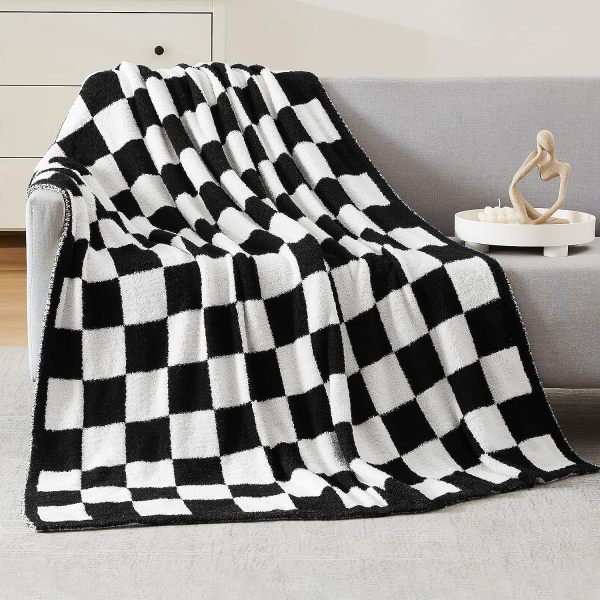 Checkered Throw Blanket, Black and White Microfiber Soft Cozy Fluffy Warm Hand Made Throw Blankets for Couch, Sofa, Chair, Bed, Camping, Picnic, Travel Lightweight Bed Blanket - 60 *80