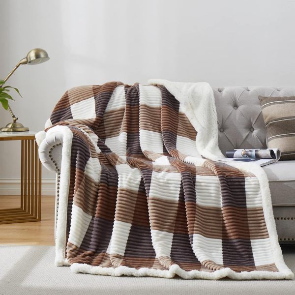 Sherpa Blanket Full/Queen Plaid Thick Bed Blanket, 90”*80” Super Soft Flannel Fuzzy Fleece Reversible Velvet Plush Warm Blanket for Couch(Beige Check, 80 *90 )