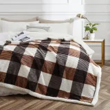Sherpa Blanket Full/Queen Plaid Thick Bed Blanket, 90”*80” Super Soft Flannel Fuzzy Fleece Reversible Velvet Plush Warm Blanket for Couch (Brown-Check, 80 *90 )