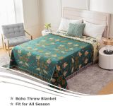 Boho Throw Blanket for Bed - 100% Cotton Ultra Soft Rustic Quilt - Summer Queen Blanket Bird Floral Printed Farmhouse Decor Large Bed Blankets,90 ×98  All Season Rustic Throw for Sofa Couch Chair
