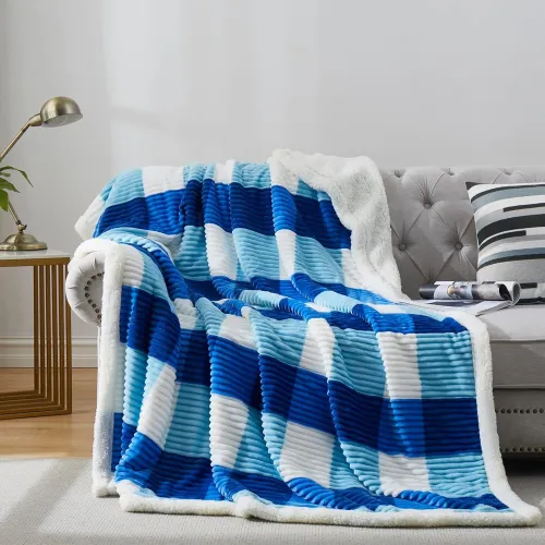 Sherpa Blanket Twin Plaid Thick Bed Blanket, 90”*80” Super Soft Flannel Fuzzy Fleece Reversible Velvet Plush Warm Blanket for Couch(Blue Check, 80 *90 )