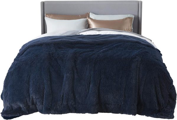 Faux Fur King Size Blanket Navy Blue – Fuzzy, Fluffy, and Shaggy Faux Fur, Soft and Thick Sherpa, Cozy Warm Decorative Gift, King Blanket for Bed, 108x90 Inches, 640 GSM