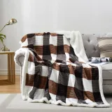 Sherpa Blanket Full/Queen Plaid Thick Bed Blanket, 90”*80” Super Soft Flannel Fuzzy Fleece Reversible Velvet Plush Warm Blanket for Couch (Brown-Check, 80 *90 )