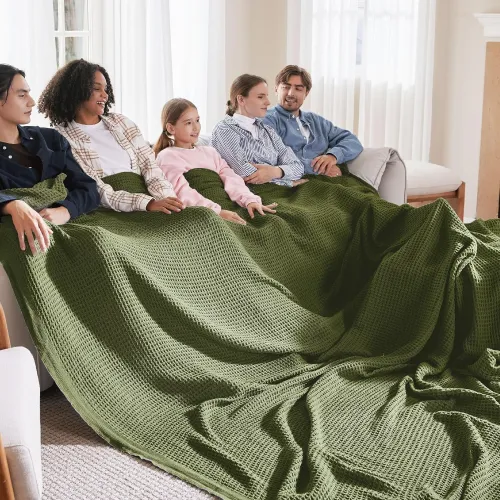 100% Cotton Large Blankets Oversized King for Bed - Waffle Weave Blankets for Spring, Lightweight and Breathable Couch Cover Blankets, Olive Green, 120x94 inches