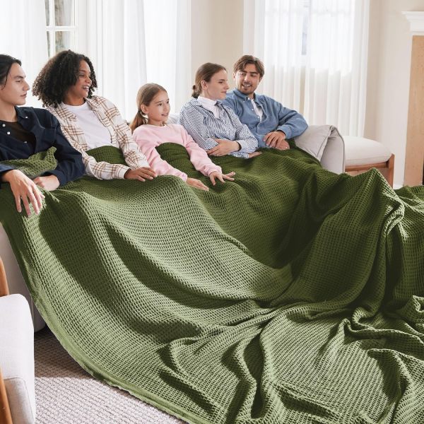 100% Cotton Large Blankets Oversized King for Bed - Waffle Weave Blankets for Spring, Lightweight and Breathable Couch Cover Blankets, Olive Green, 120x94 inches