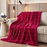 Luxury Faux Fur Rabbit Fur Throw Blanket Burgundy Red 90 x80 ,Plush Reversible Sherpa Blankets,Queen Fuzzy Elegant Thick Throws for Bed,Washable Bedding Accent Blankets for Sofa Couch Chair