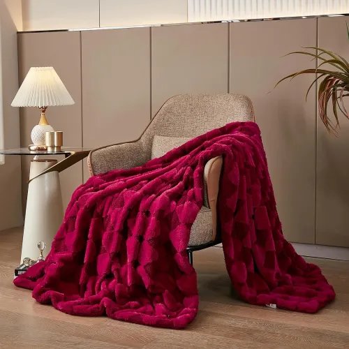 Luxury Faux Fur Rabbit Fur Throw Blanket Burgundy Red 90 x80 ,Plush Reversible Sherpa Blankets,Queen Fuzzy Elegant Thick Throws for Bed,Washable Bedding Accent Blankets for Sofa Couch Chair