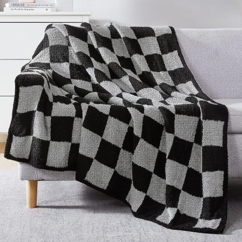 Checkered Throw Blanket, Black Grey Checkered Microfiber Soft Cozy Fluffy Warm Hand Made Weave Throw Blankets for Couch, Sofa, Chair, Bed, Picnic,Travel Lightweight Bed Blanket - 60 * 80