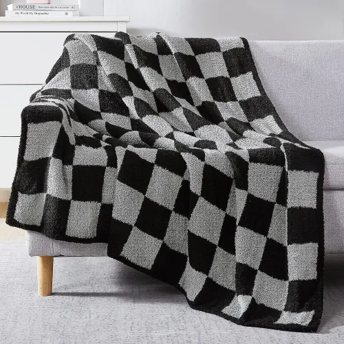Checkered Throw Blanket, Black Grey Checkered Microfiber Soft Cozy Fluffy Warm Hand Made Weave Throw Blankets for Couch, Sofa, Chair, Bed, Picnic,Travel Lightweight Bed Blanket - 60 * 80