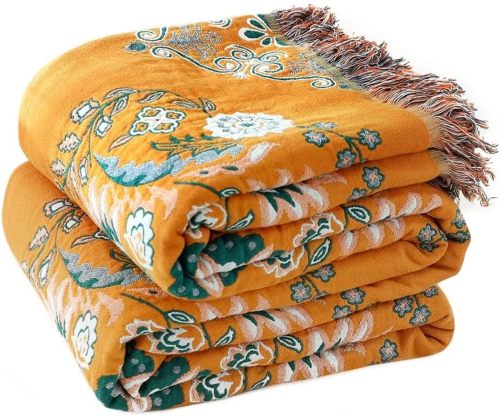 Boho Throw Blanket for Bed - 100% Cotton Ultra Soft Rustic Quilt Summer Blanket - Floral Printed Farmhouse Decor Bed Blankets,90 ×98  All Season Rustic Throw for Sofa Couch Chair