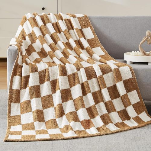 Checkered Throw Blanket, Burnt Orange Microfiber Soft Cozy Fluffy Warm Hand Made Throw Blankets for Couch, Sofa, Chair, Bed, Camping, Picnic, Travel Lightweight Bed Blanket - 60 *80