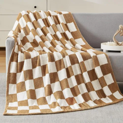 Checkered Throw Blanket, Burnt Orange Microfiber Soft Cozy Fluffy Warm Hand Made Throw Blankets for Couch, Sofa, Chair, Bed, Camping, Picnic, Travel Lightweight Bed Blanket - 60 *80