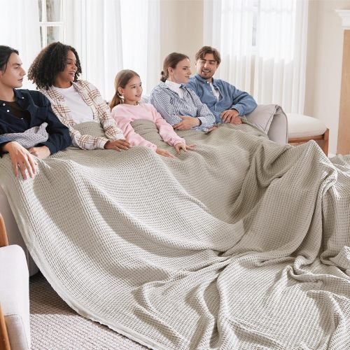 100% Cotton Large Blankets Oversized King for Bed - Waffle Weave Blankets for Spring, Lightweight and Breathable Couch Cover Blankets, Light Beige/Linen, 120x94 inches