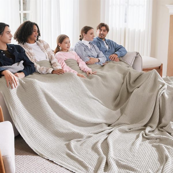 100% Cotton Large Blankets Oversized King for Bed - Waffle Weave Blankets for Spring, Lightweight and Breathable Couch Cover Blankets, Light Beige/Linen, 120x94 inches