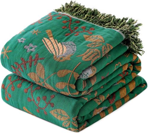 Boho Throw Blanket for Bed - 100% Cotton Ultra Soft Rustic Quilt Summer Blanket - Bird Floral Printed Farmhouse Decor Bed Blankets,90 ×98  All Season Rustic Throw for Sofa Couch Chair