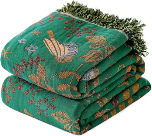 Boho Throw Blanket for Bed - 100% Cotton Ultra Soft Rustic Quilt Summer Blanket - Bird Floral Printed Farmhouse Decor Bed Blankets,90 ×98  All Season Rustic Throw for Sofa Couch Chair