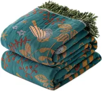 Boho Throw Blanket for Bed - 100% Cotton Ultra Soft Rustic Quilt - Summer Queen Blanket Bird Floral Printed Farmhouse Decor Large Bed Blankets,90 ×98  All Season Rustic Throw for Sofa Couch Chair