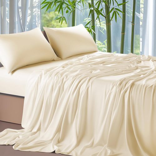 Sheets Set，Rayon Derived from 100% Bamboo_，Cooling & Soft Bed Sheets, Luxury Bedding Sheets & Pillowcases, 16 Inch Deep Pockets (Cal King,Beige)