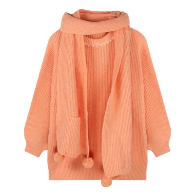 Pure Color Round Collar Knit Sweater With Scarf
