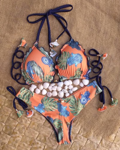 Bohemian fashion printed halterneck bikini