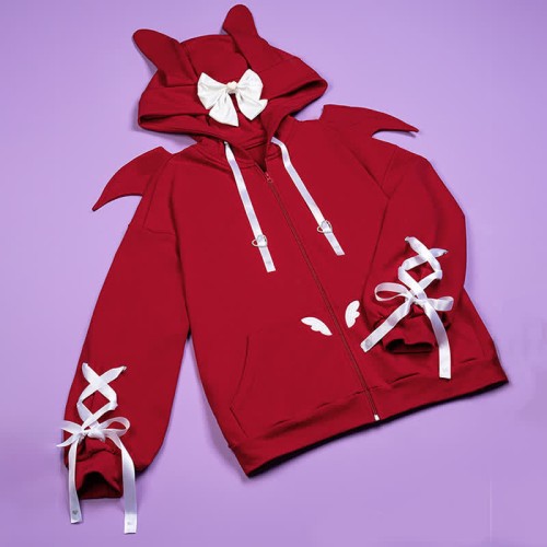 Devil Lace Up Bowknot Zipper Bunny Ears Hooded Sweatshirt