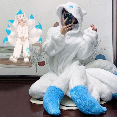 Nine-tailed Fox Plush One-piece Hooded Pajamas