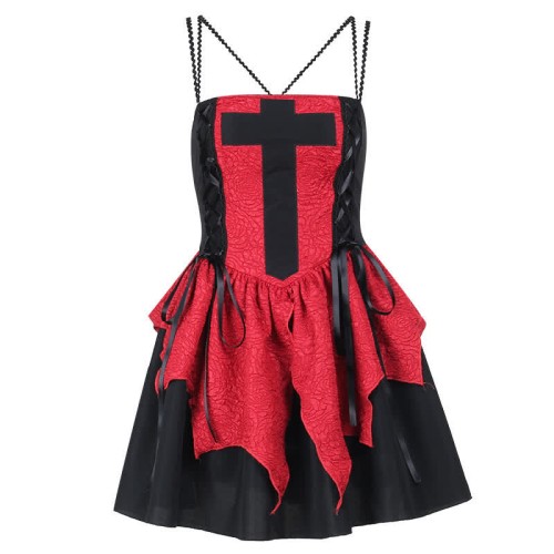 Gothic Cross Lace up Irregular Stitching Slip Dress