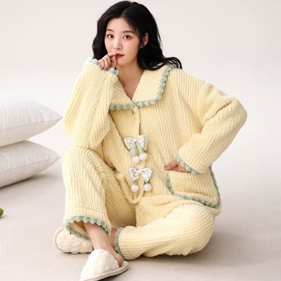 Vintage Buckle Pocketed Lapel Plush Pajamas Set