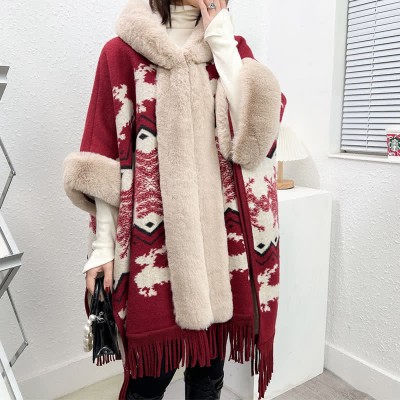 Christmas Print Furry Collar Fringed Hooded Cloak Coat