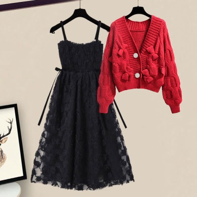 Bow Decor Cardigan Sweater Lace Slip Dress Two Pieces Set