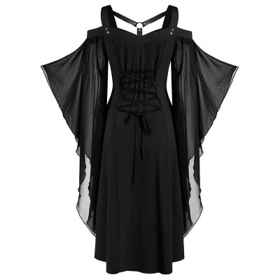 Gothic Punk Mesh Swing Sleeve Lace Up Slip Dress