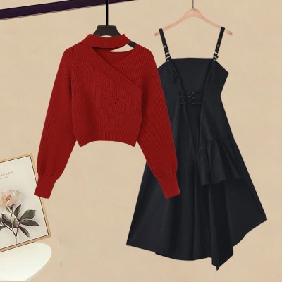 Oblique Pure Color Sweater Lace Up Irregular Slip Dress