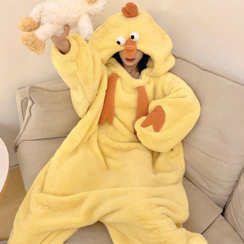 【50% OFF】Funny Cartoon Chick Plush Hooded Jumpsuit Pajamas