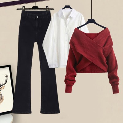 Cross Knit Sweater Lapel Shirt Flared Jeans Three Pieces