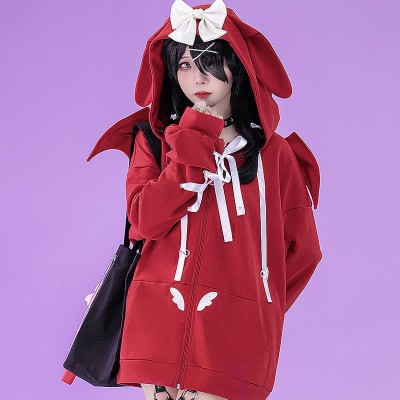 Devil Lace Up Bowknot Zipper Bunny Ears Hooded Sweatshirt