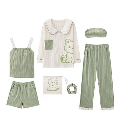 Cartoon Print Doll Collar Pajamas Seven Pieces Set With Breast Pads
