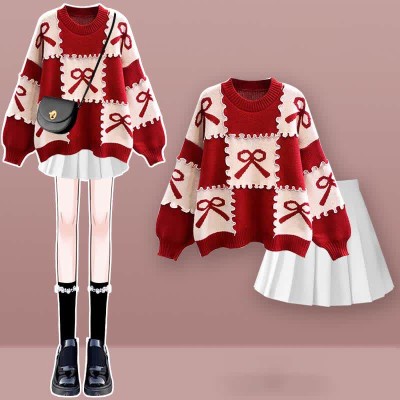 Bow Knot Print Colorblock Sweater Plaid Pleated Skirt Two Pieces Set