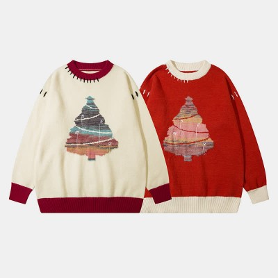 Christmas Tree Print Colorblock Round Collar Knit Sweater