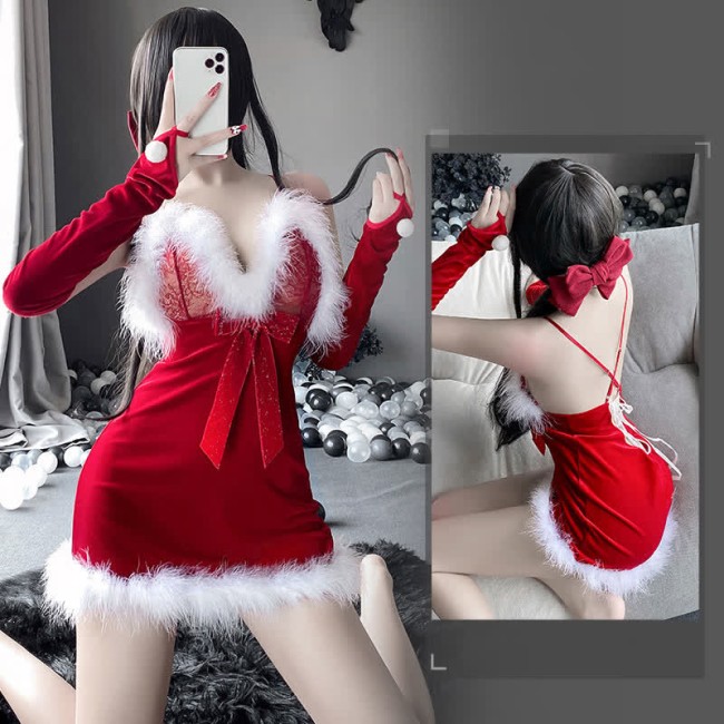 Bow Knot Lace Plush Christmas Slip Dress Lingerie