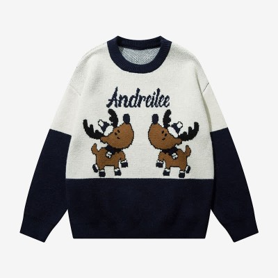 Deer Letter Print Colorblock Round Collar Knit Sweater