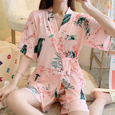 Floral Print Kimono Lace Up Pajamas Set