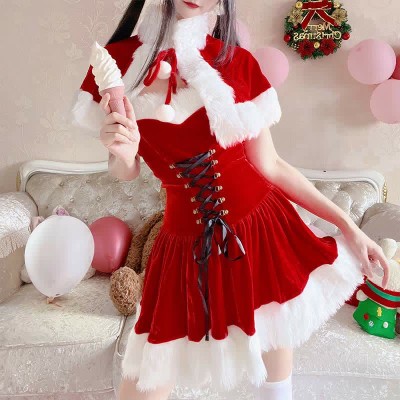 Off The Shoulder Lace Up Plush Christmas Dress With Cloak