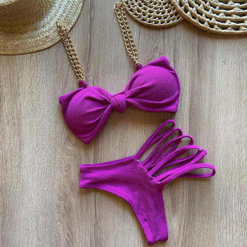 Fashion Sexy Chain Solid Color Bow Split Bikini