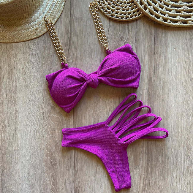 Fashion Sexy Chain Solid Color Bow Split Bikini