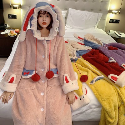 Cartoon Bunny Hooded Plush Pajamas Set